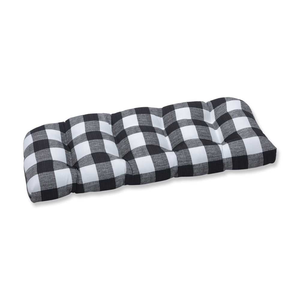 Pillow Perfect Anderson Matte loveseat cushion front view showing black plaid and tailored tufting for style