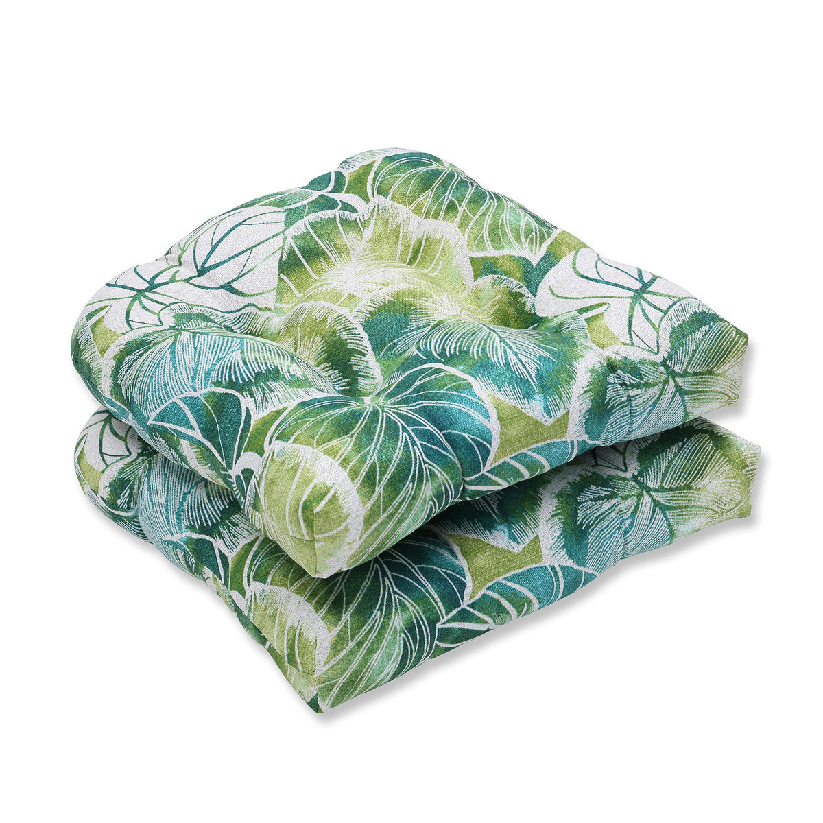 Pillow Perfect Botanical tufted wicker seat cushion front view showing green-ivory foliage pattern and neat tufting for outdoor style