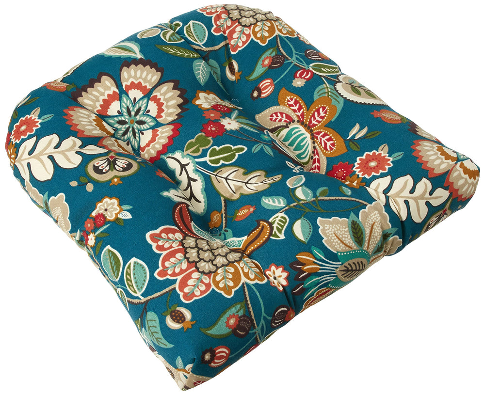 Pillow Perfect front view of two blue tan floral tufted wicker seat cushions showing vibrant pattern and fit