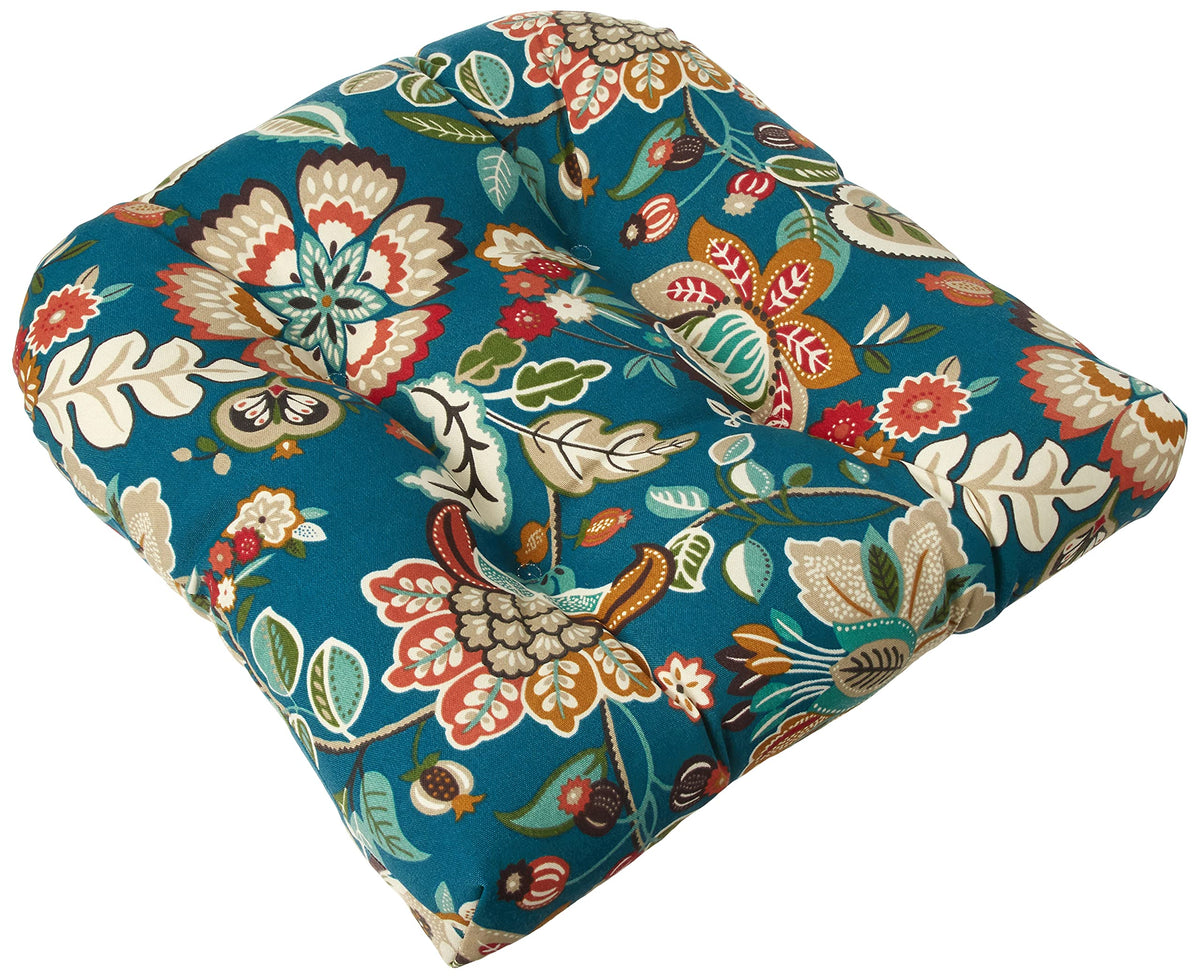 Pillow Perfect front view of two blue tan floral tufted wicker seat cushions showing vibrant pattern and fit