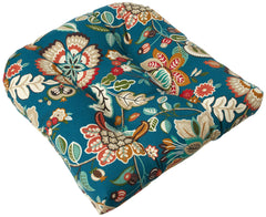 Pillow Perfect front view of two blue tan floral tufted wicker seat cushions showing vibrant pattern and fit