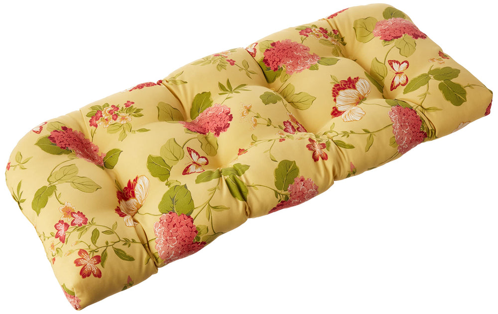 Pillow Perfect front view of floral tufted loveseat cushion showing full pattern and size benefit
