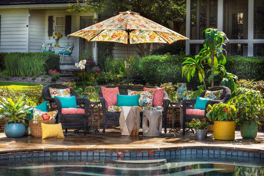 Pillow Perfect on wicker loveseat demonstrating comfy outdoor seating benefit