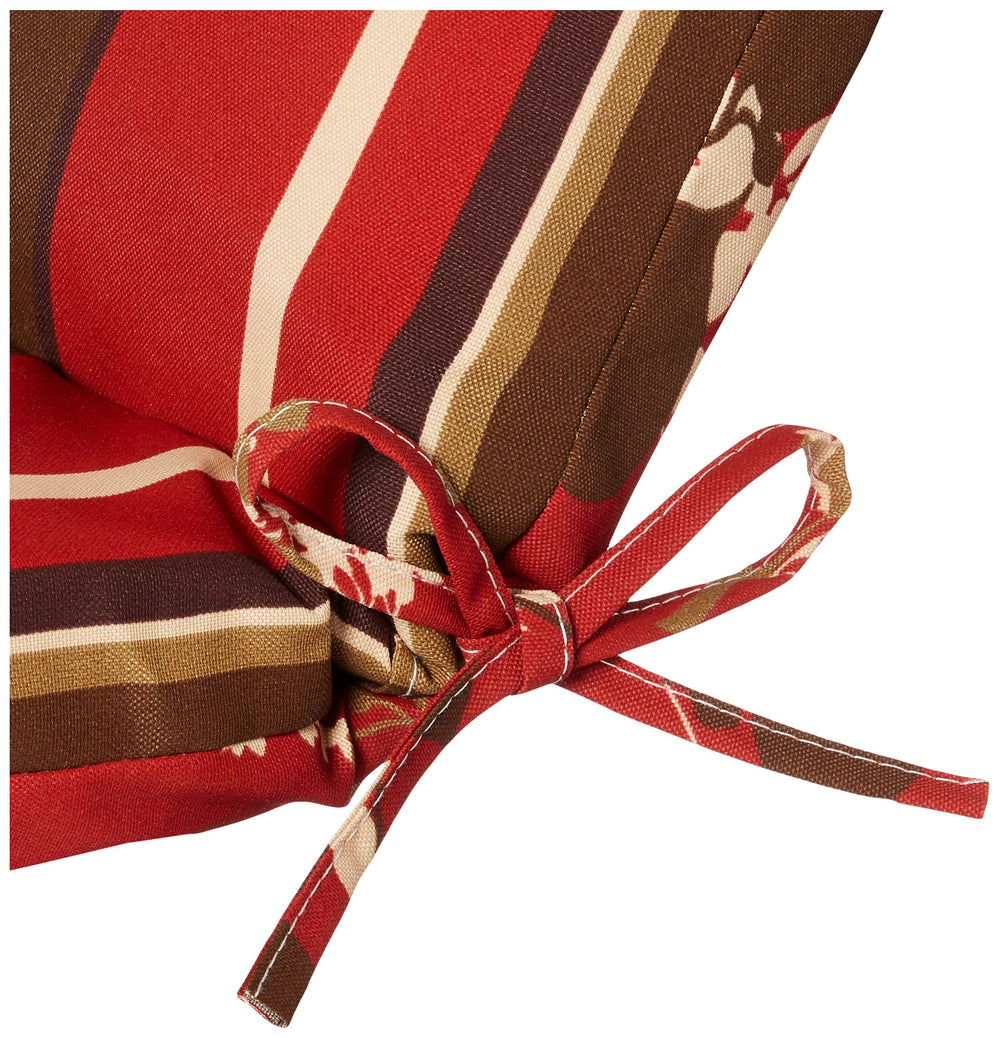 Pillow Perfect cushion arranged on a patio chaise showing tied attachment and comfort