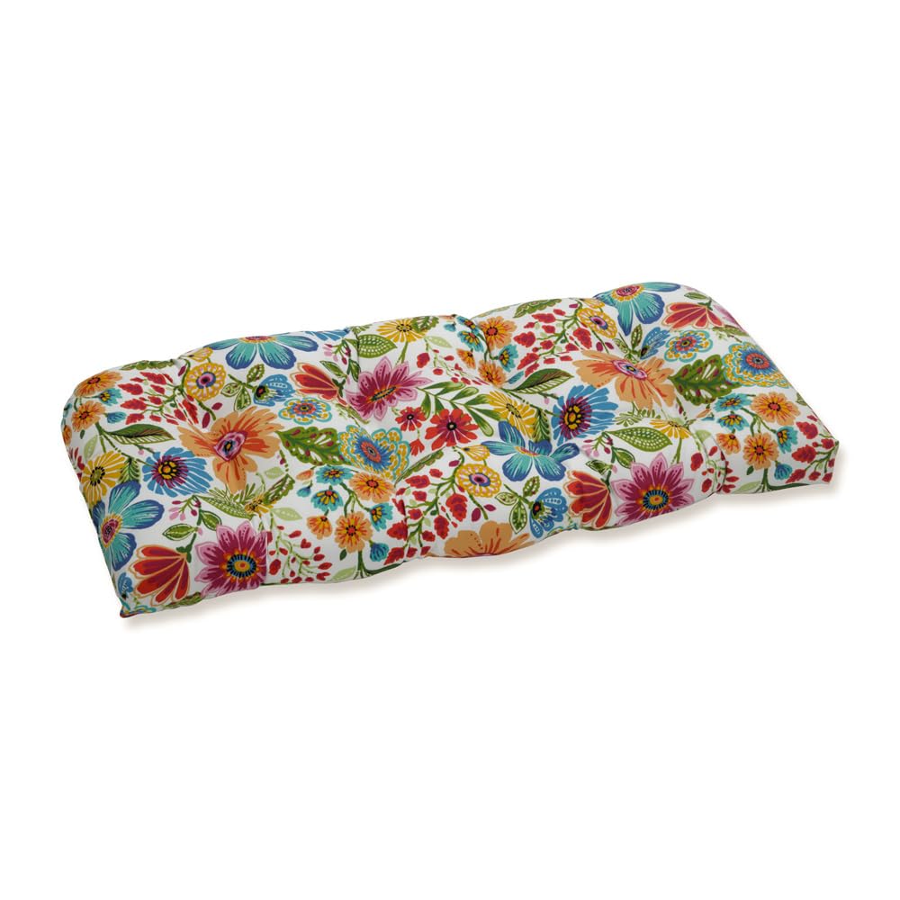Pillow Perfect front view showing bright floral loveseat cushion benefit: instant patio refresh