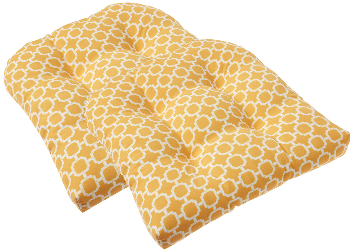 Pillow Perfect front view showing yellow trellis pattern and tufted comfort