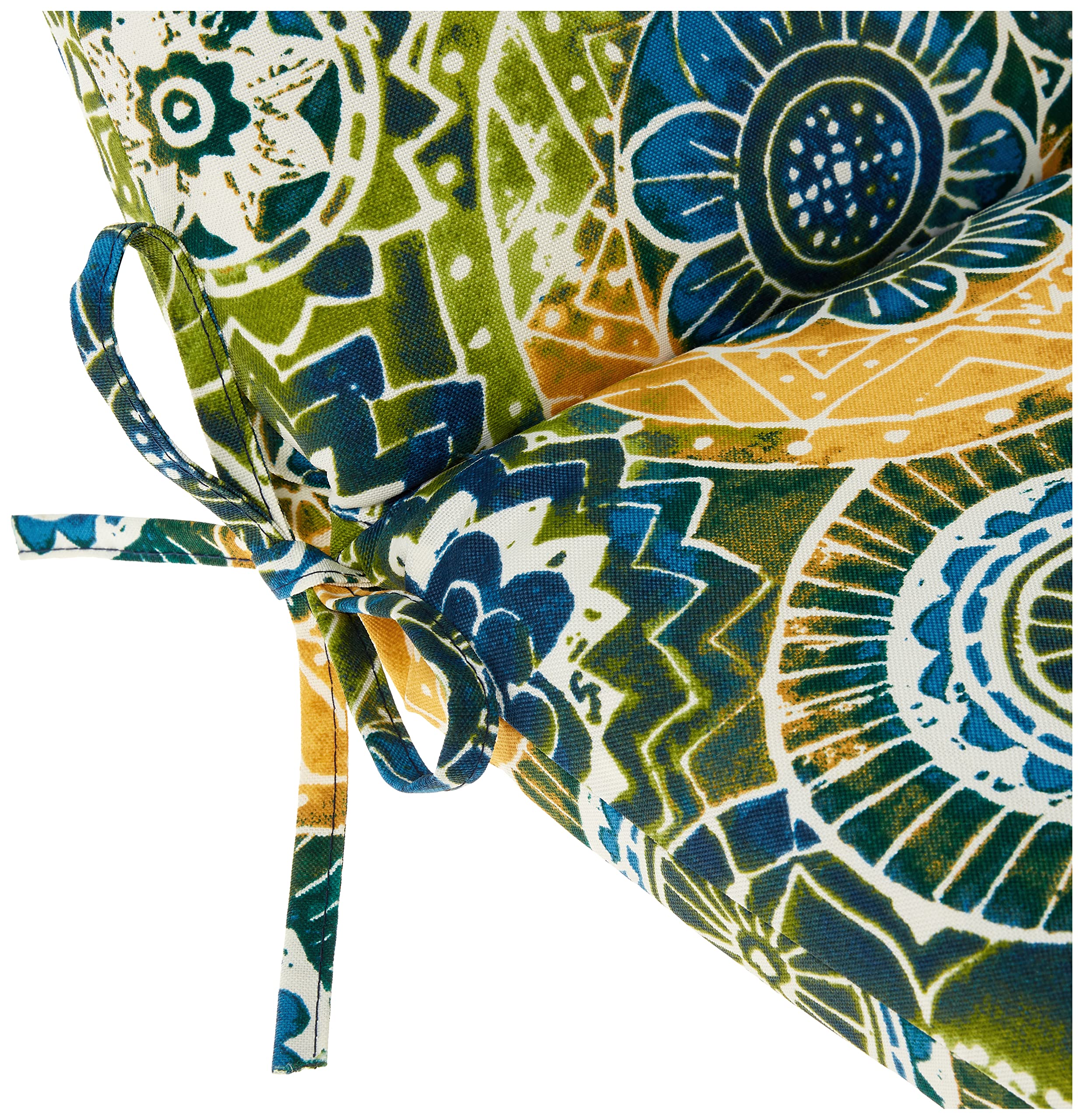Pillow Perfect Omnia Lagoon on patio chair demonstrating secured ties and outdoor use