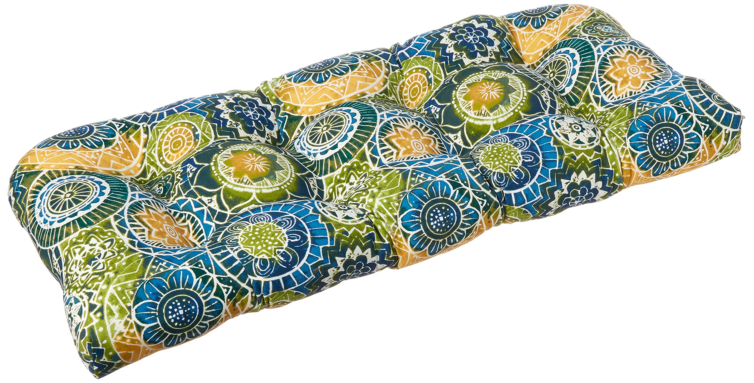 Pillow Perfect front view of Omnia Lagoon loveseat cushion showing vibrant mandala print and color