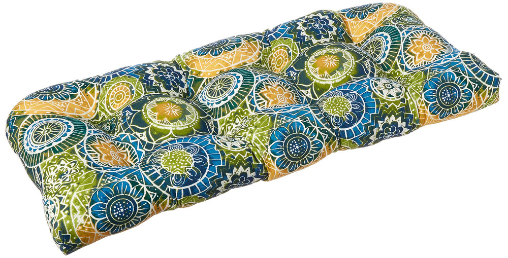 Pillow Perfect front view of Omnia Lagoon loveseat cushion showing vibrant mandala print and color