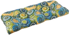 Pillow Perfect front view of Omnia Lagoon loveseat cushion showing vibrant mandala print and color