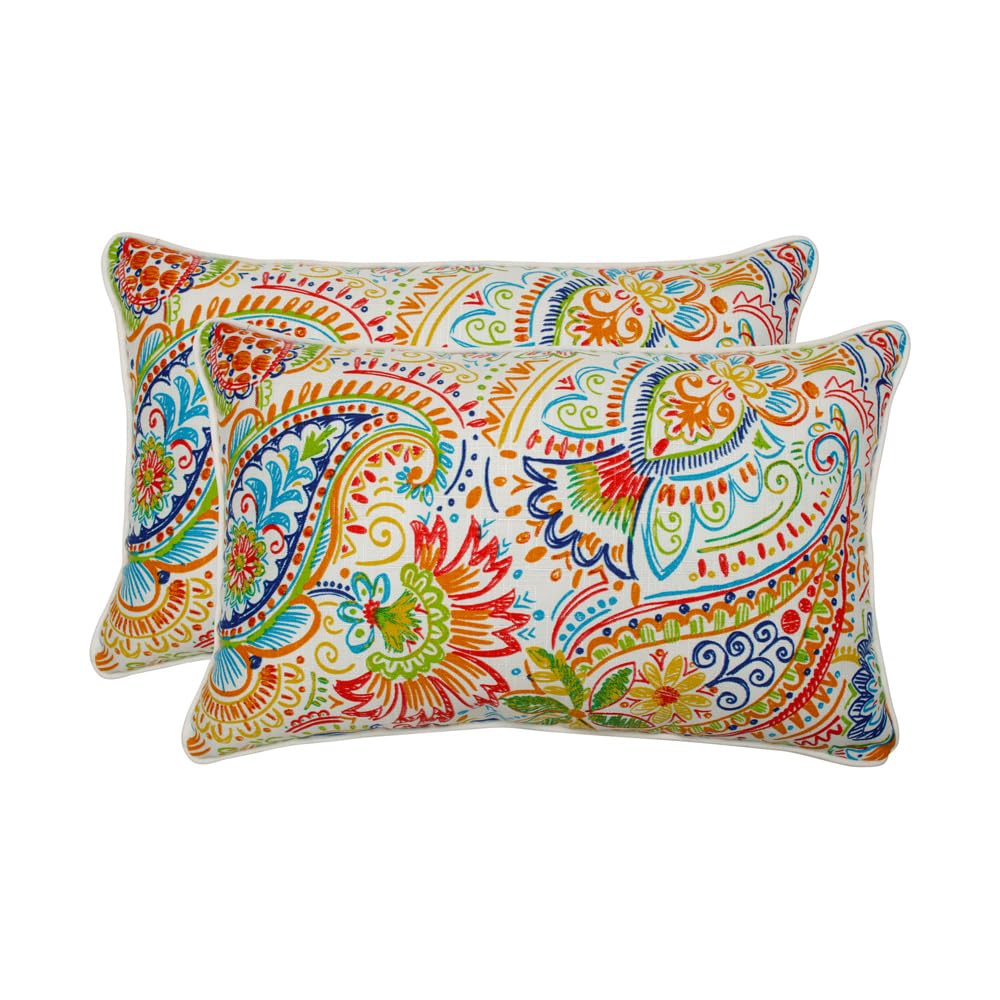 Pillow Perfect paisley front view showing vibrant outdoor pattern and welt cord finish