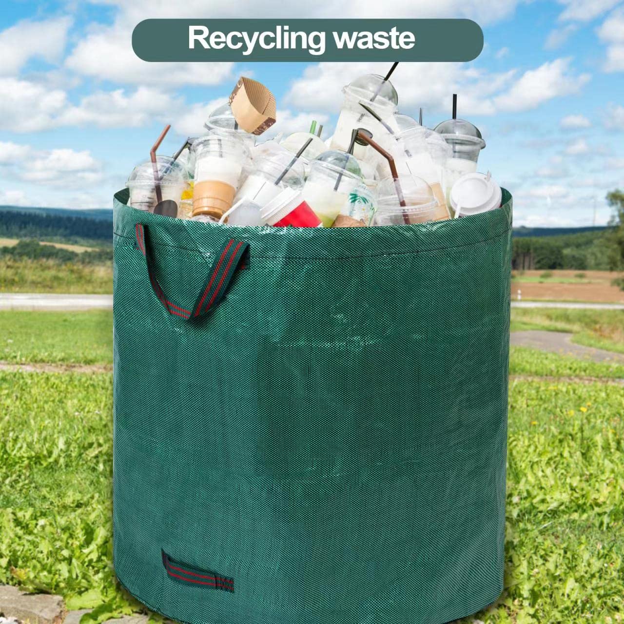 Pilntons reusable bag packed with leaves and branches in a yard, simplifying large debris collection