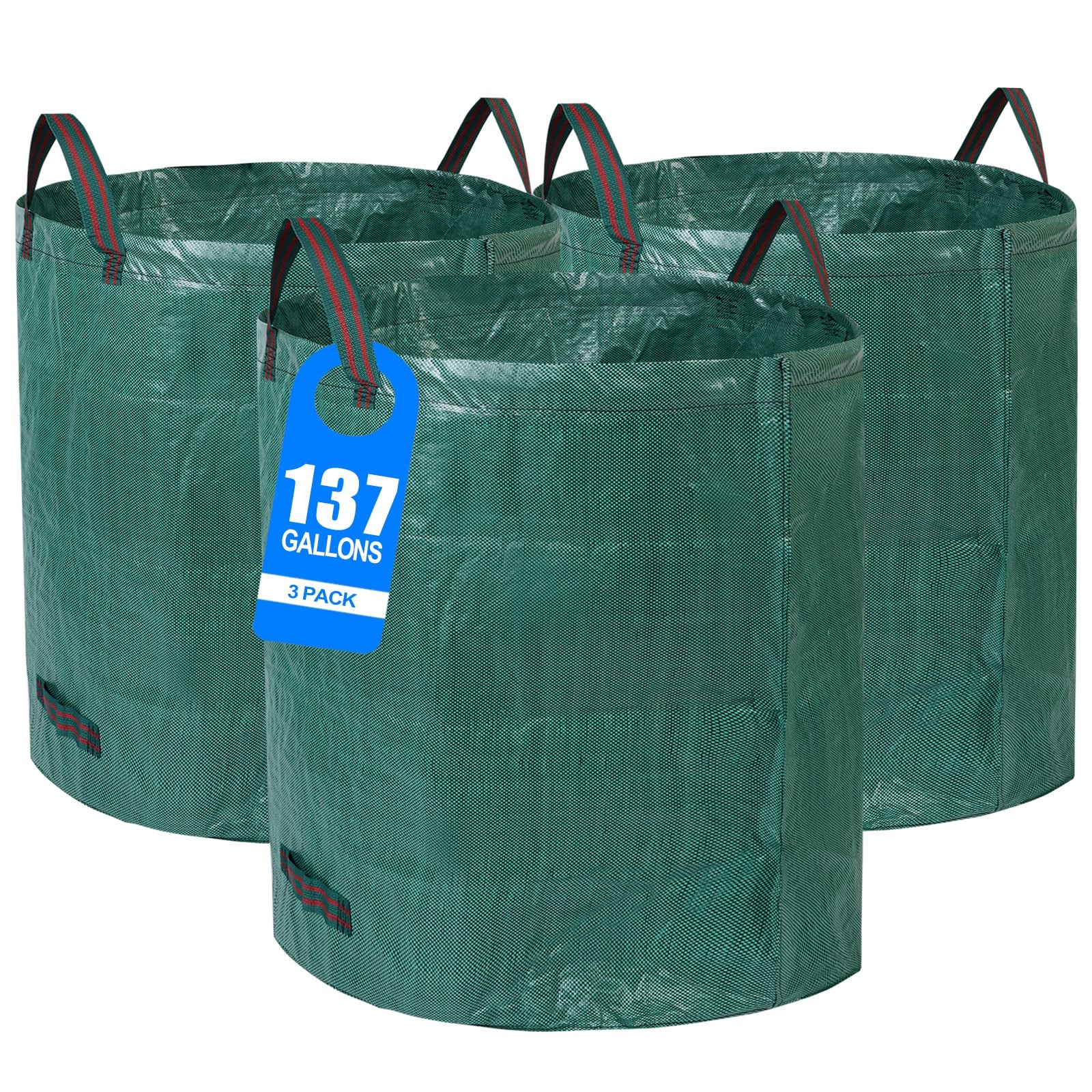 Pilntons front view of three 137-gallon reusable yard waste bags showing size and branding for efficient cleanup