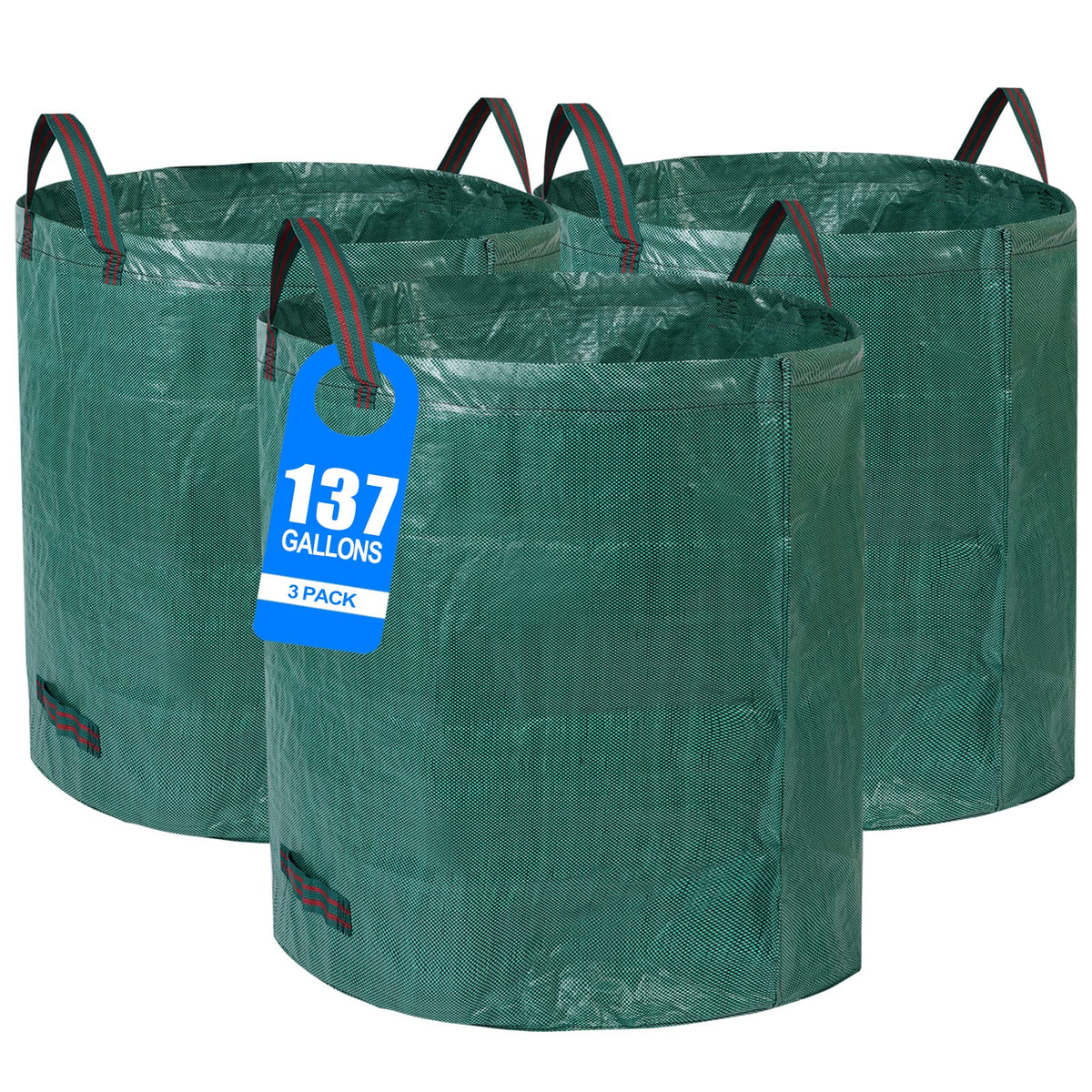Pilntons front view of three 137-gallon reusable yard waste bags showing size and branding for efficient cleanup