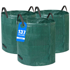 Pilntons front view of three 137-gallon reusable yard waste bags showing size and branding for efficient cleanup