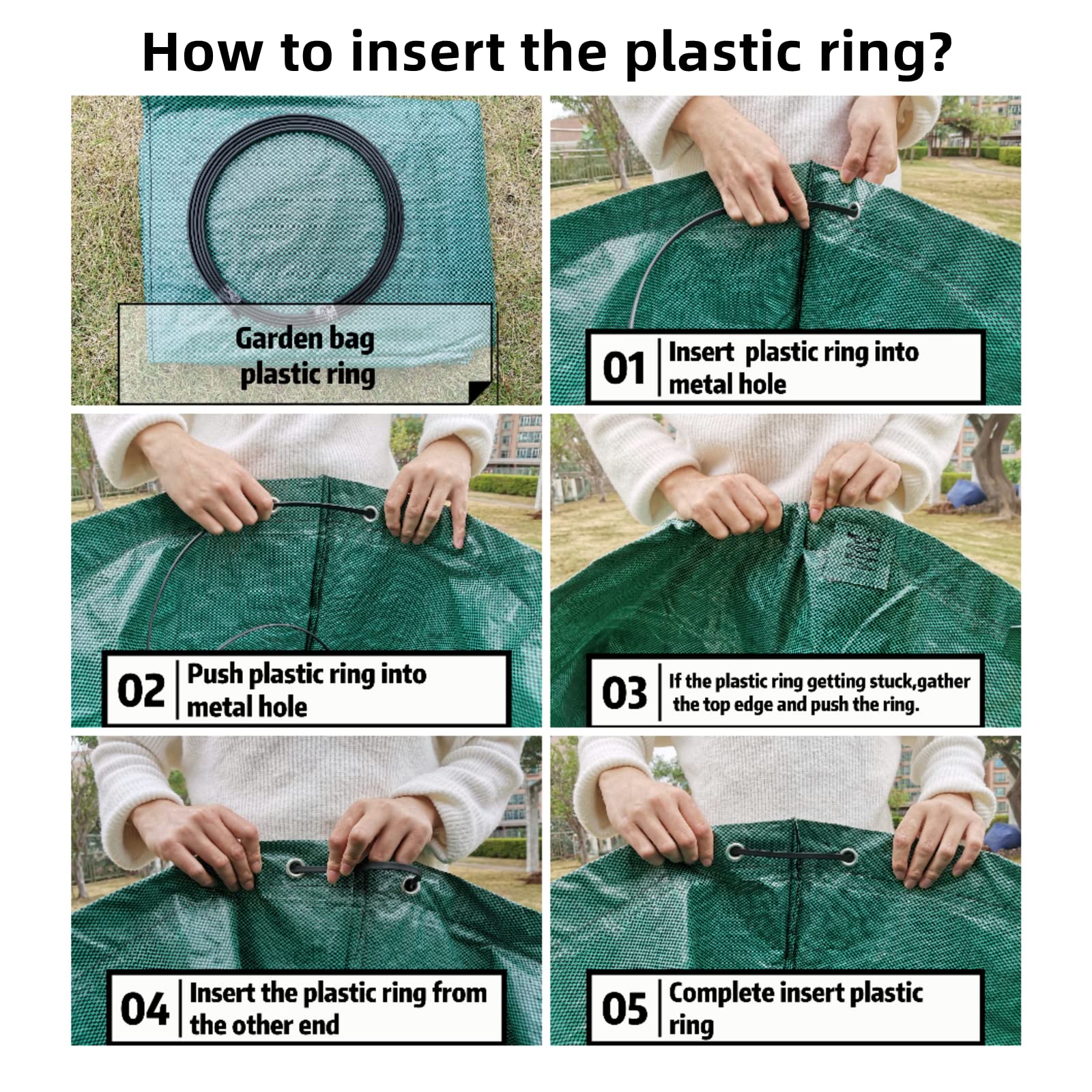 Pilntons bag with plastic ring holding mouth open for hands-free raking and easier filling