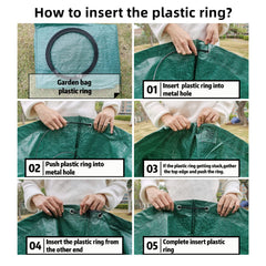 Pilntons bag with plastic ring holding mouth open for hands-free raking and easier filling