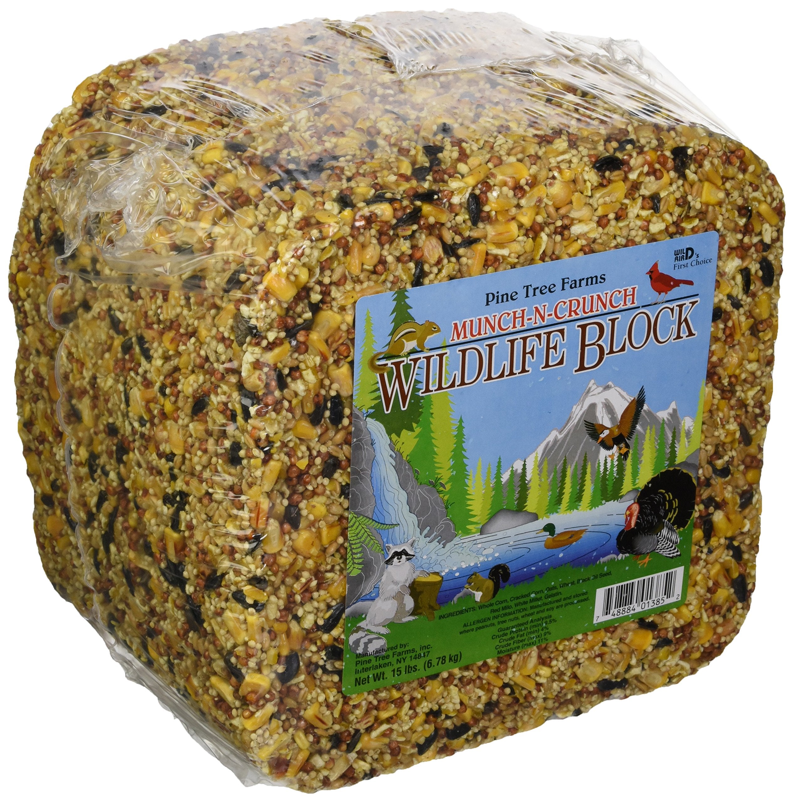 Pine Tree Farms front packaging showing the 15-pound multicolored wildlife block and easy feeding