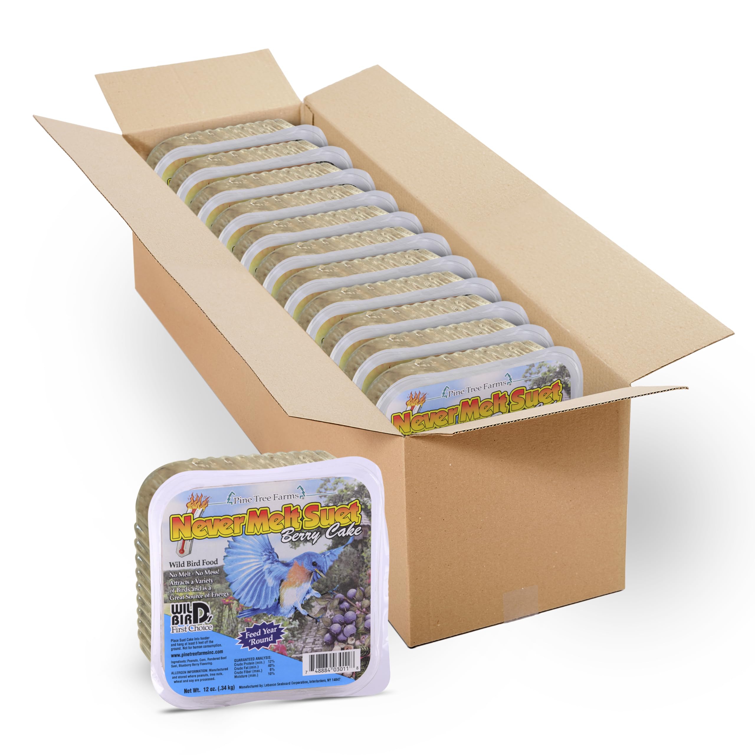 Pine Tree Farms front packaging view showing 12-pack and durable suet benefit
