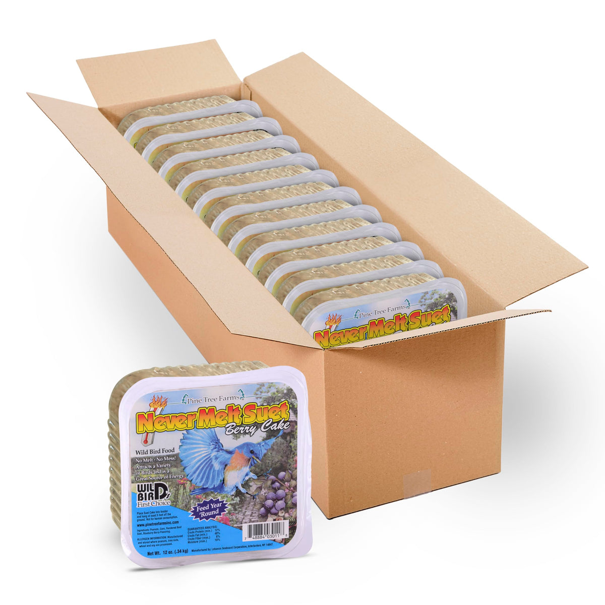 Pine Tree Farms front packaging view showing 12-pack and durable suet benefit