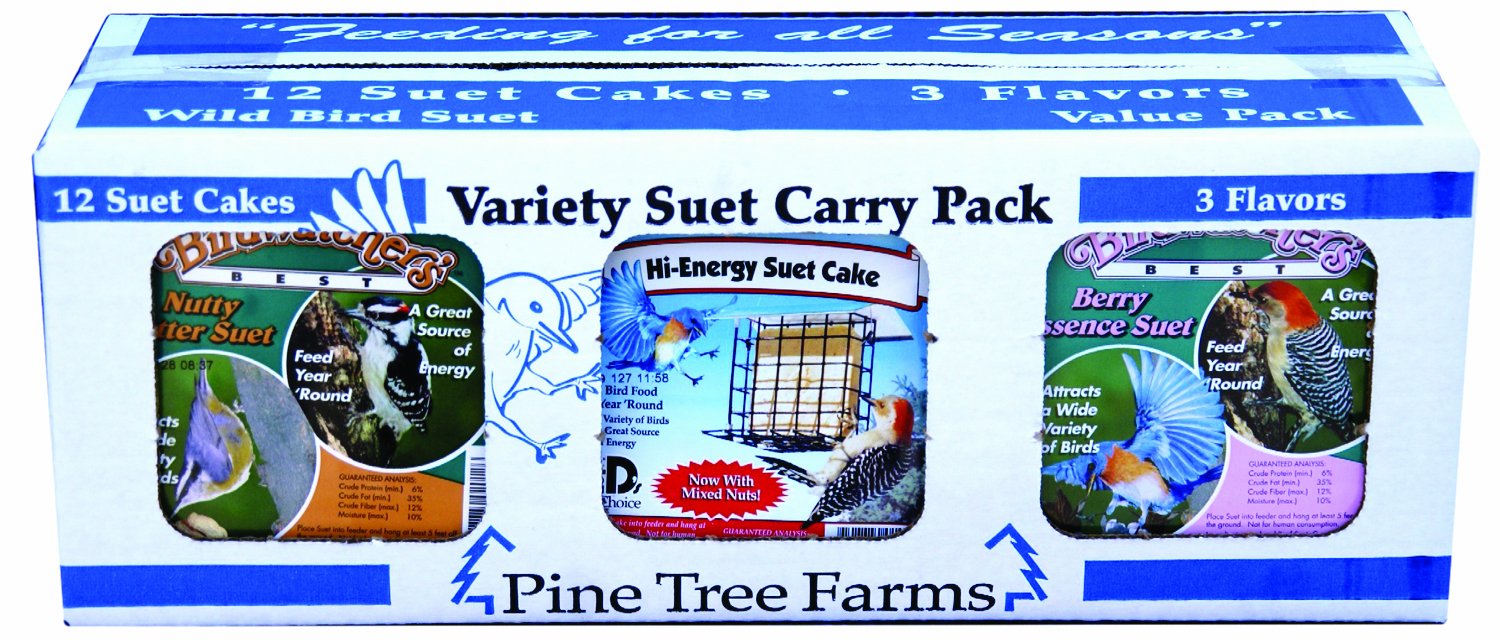 Pine Tree Farms front packaging showing three suet flavors and feeding variety
