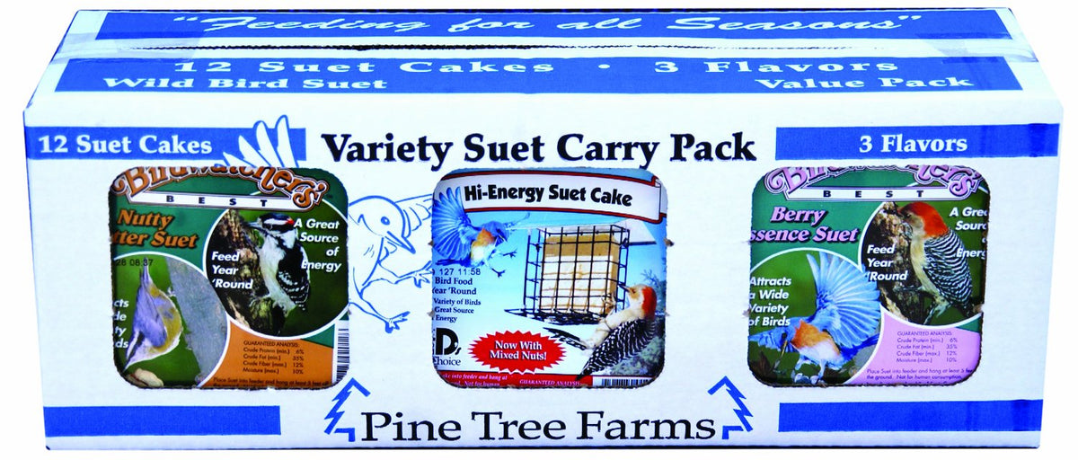 Pine Tree Farms front packaging showing three suet flavors and feeding variety