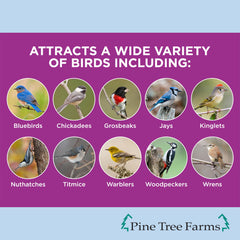 Pine Tree Farms log hanging on classic feeder attracting perching birds