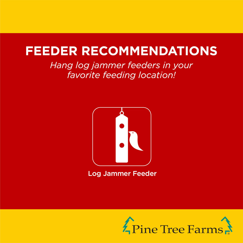 Pine Tree Farms suet plug secured inside a log-style feeder attracting attention