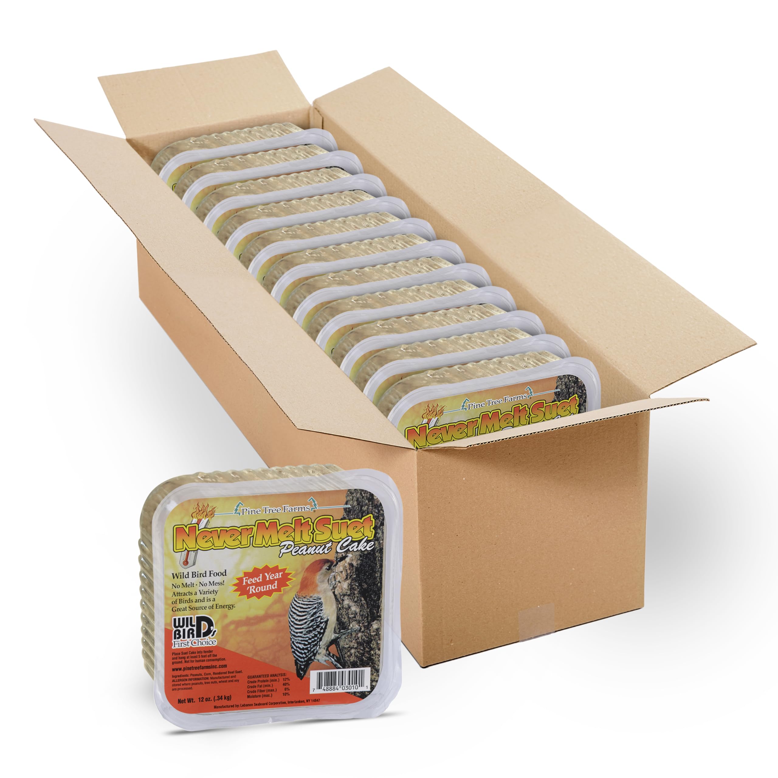 Pine Tree Farms front packaging showing 12 oz no-melt suet cakes for low-mess feeding