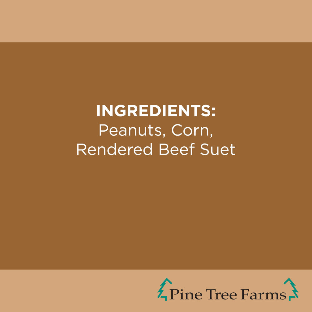 Pine Tree Farms label detail showing ingredients and high-energy suet benefits