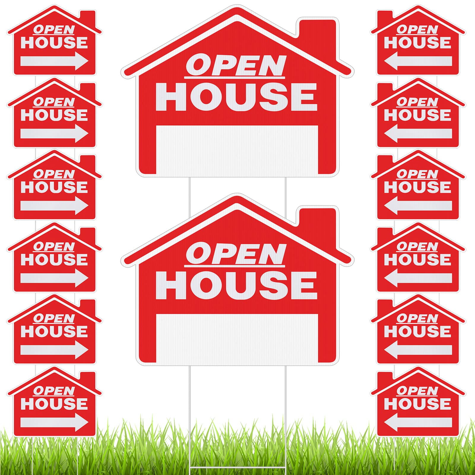 Pinkunn front packaging showing 14-piece open house sign kit and easy setup benefit
