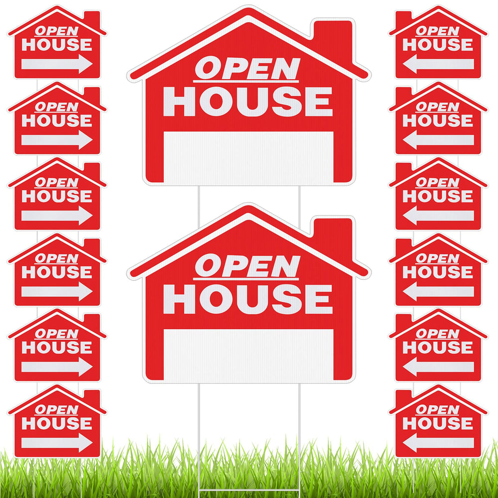 Pinkunn front packaging showing 14-piece open house sign kit and easy setup benefit