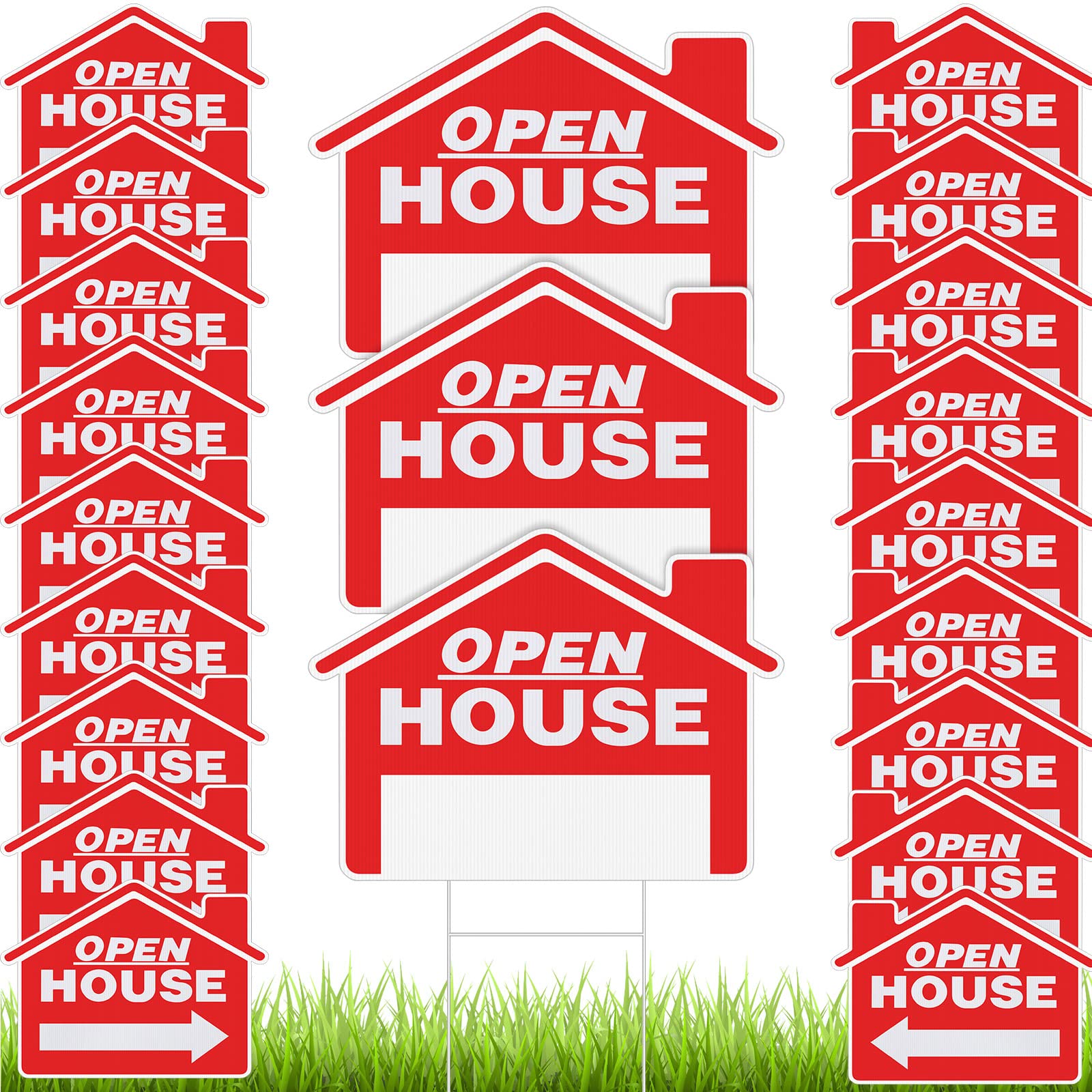 Pinkunn front view of 21 red open house signs, boosts curb appeal
