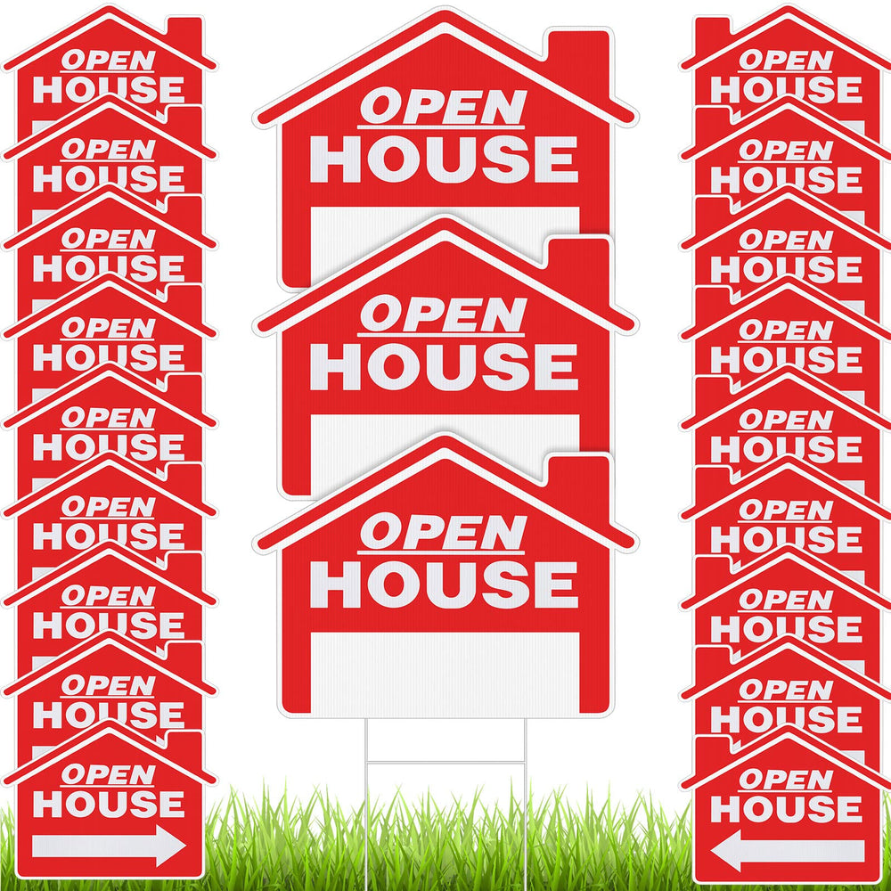 Pinkunn front view of 21 red open house signs, boosts curb appeal