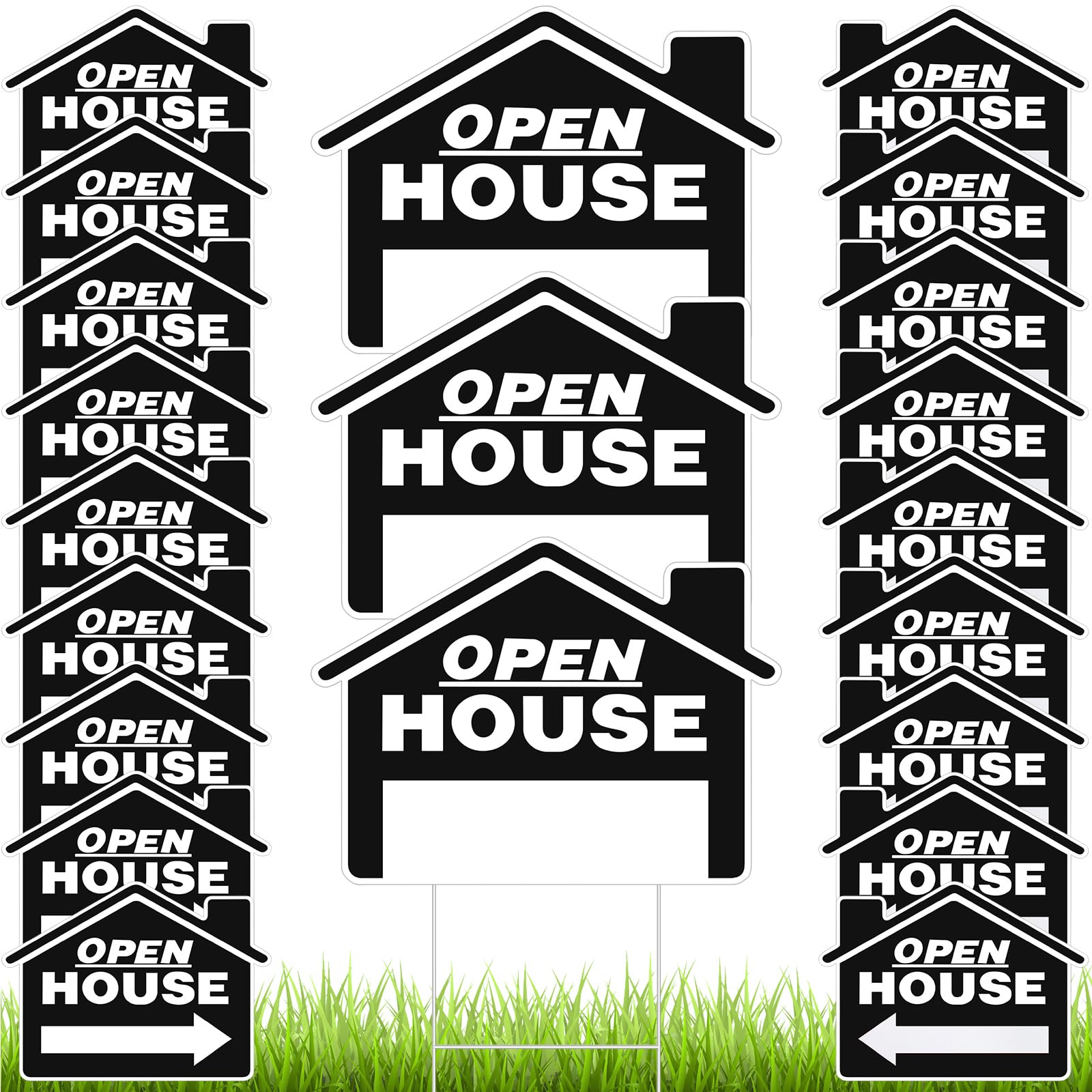 Pinkunn front view of 21-pack open house signs showing kit contents and benefits