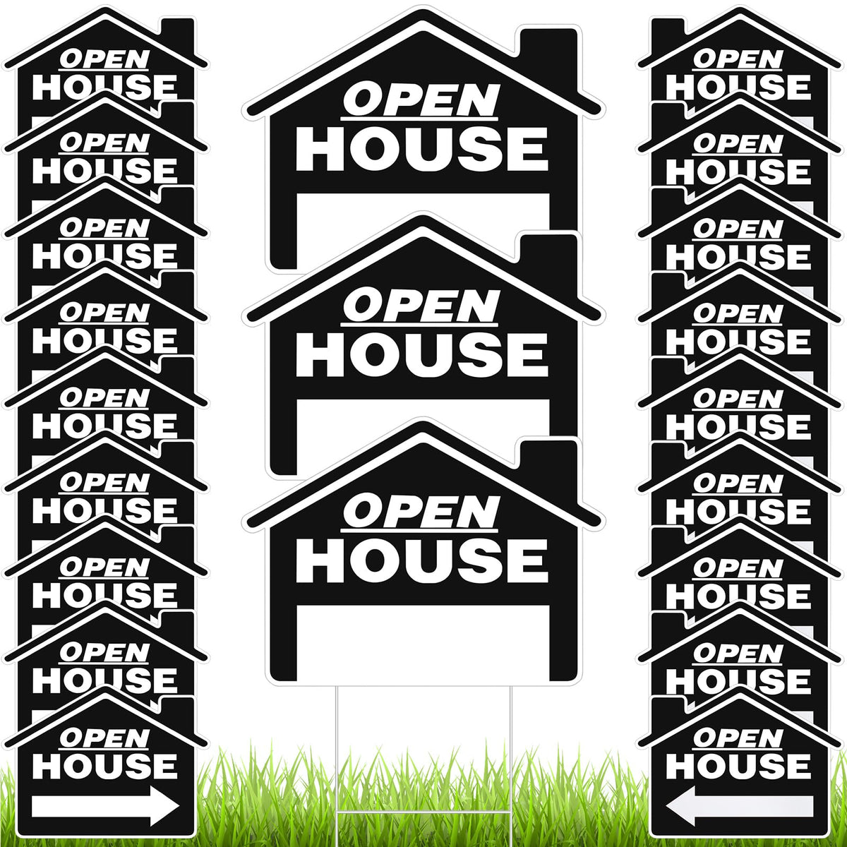 Pinkunn front view of 21-pack open house signs showing kit contents and benefits