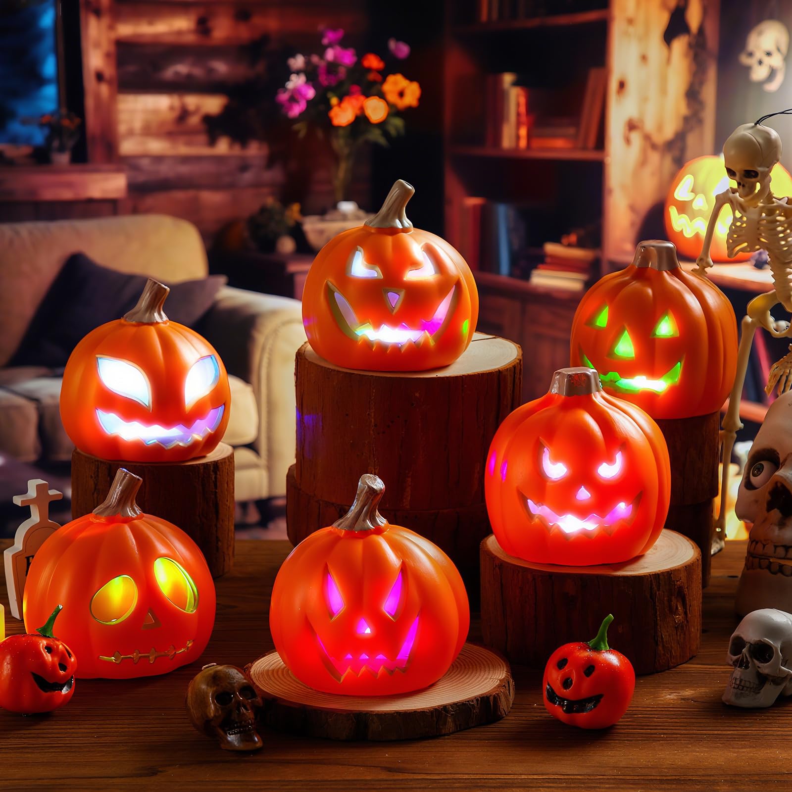 Pinkunn front view of six glowing pumpkins showing bright colored LEDs and festive appeal