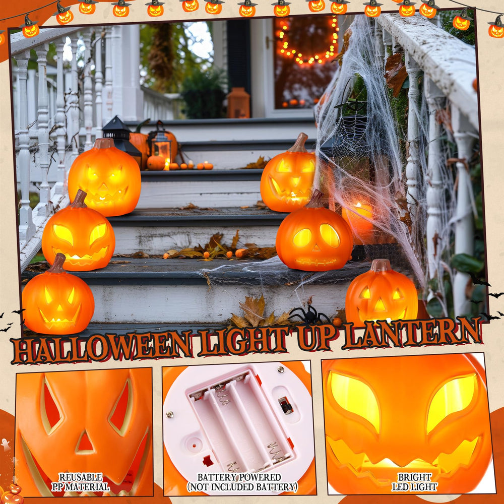 pinkunn lit pumpkins on mantel providing warm orange ambiance for indoor Halloween decor
