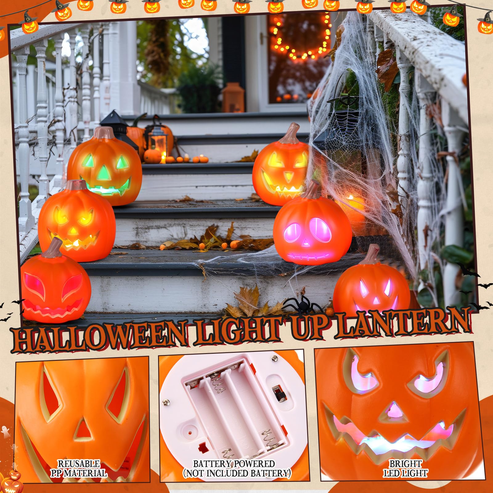 Pinkunn lit pumpkin on mantel demonstrating ambient evening lighting and decorative impact