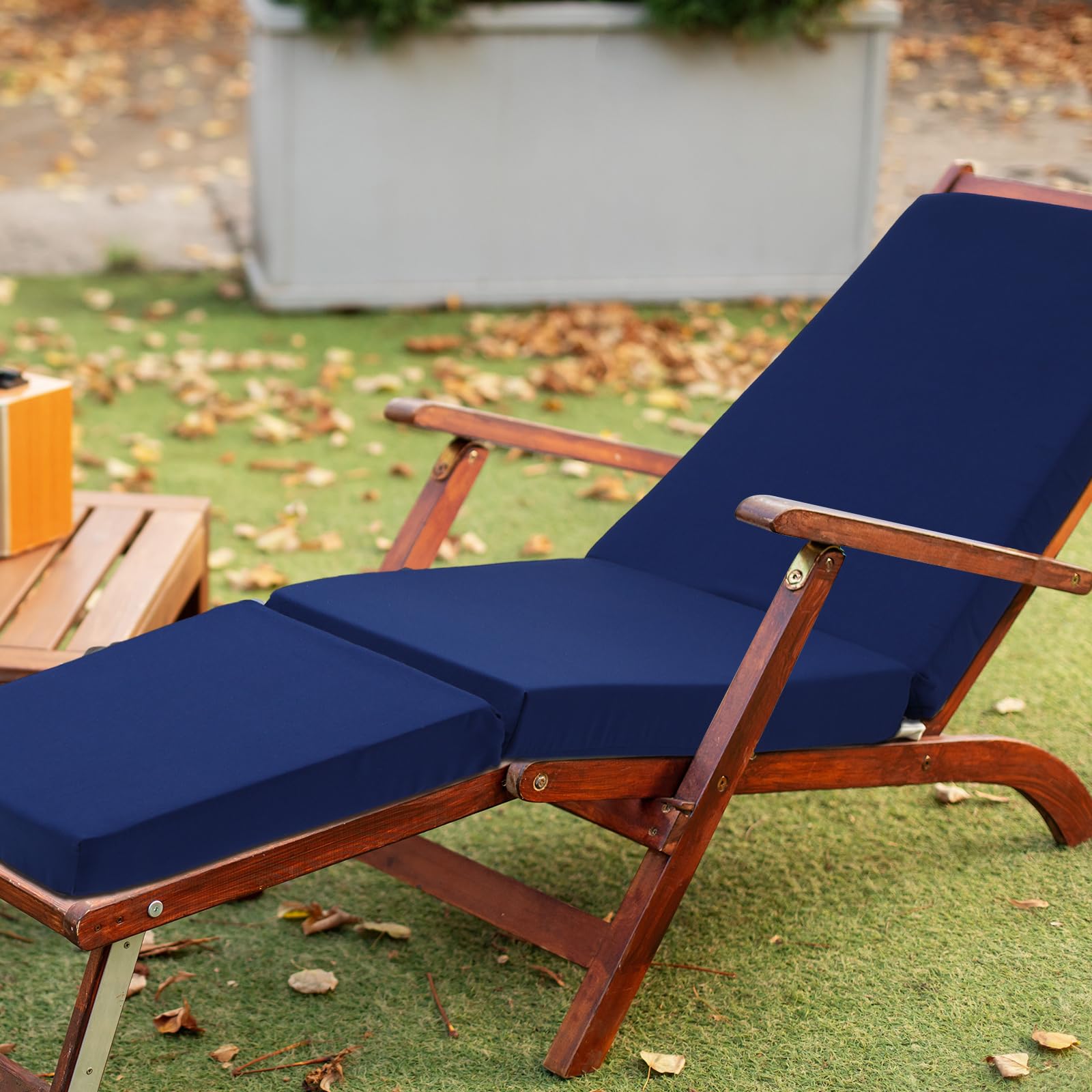 Pinkunn navy cushion on poolside chaise demonstrating comfortable lounging
