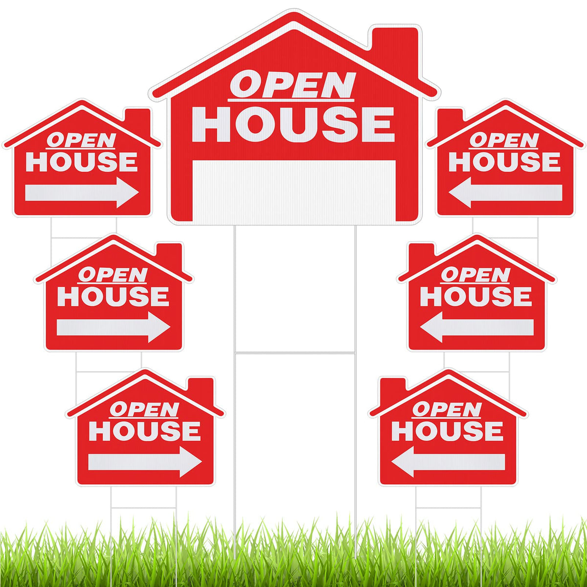 Pinkunn front view of red open house sign showing clear lettering and directions for visibility