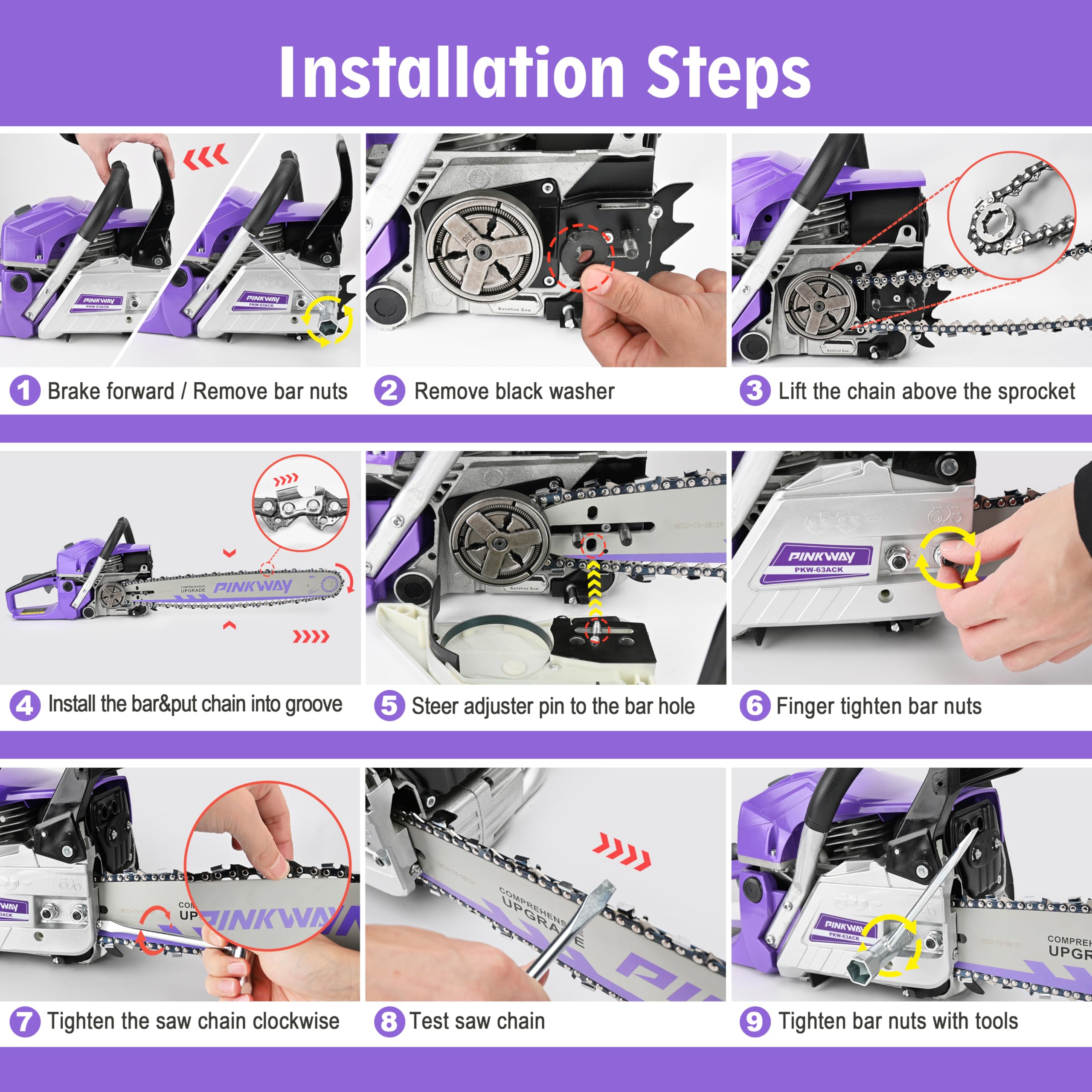 PINKWAY chainsaw cutting a tree branch outdoors to demonstrate power and performance