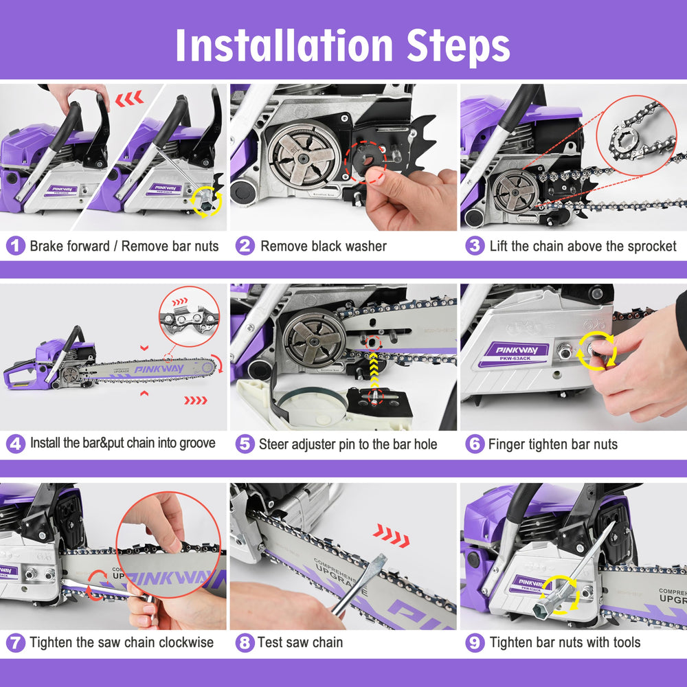 PINKWAY chainsaw cutting a tree branch outdoors to demonstrate power and performance