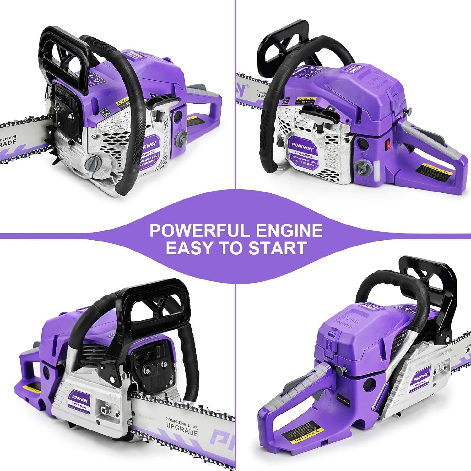 PINKWAY engine and bar close-up highlighting 63CC power and reinforced chain for durability