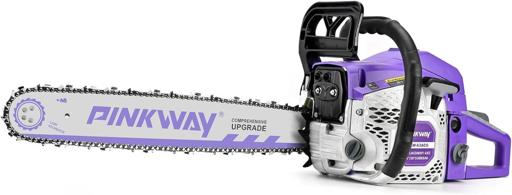 PINKWAY 63CC chainsaw front view showing 20 inch bar and durable frame for powerful cuts