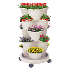 Pinky Family front view beige planter tower showing compact vertical garden benefit