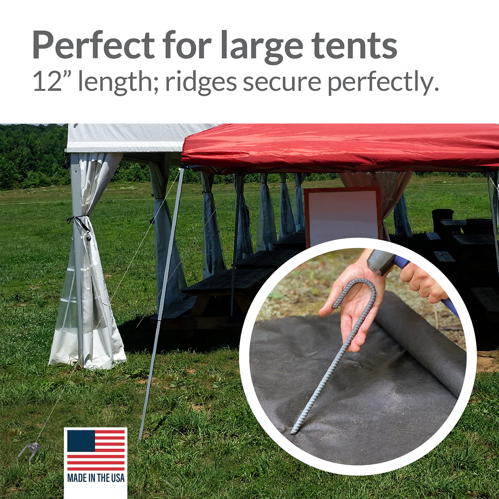 Pinnacle Mercantile stakes driven into tarp corners securing cover from wind