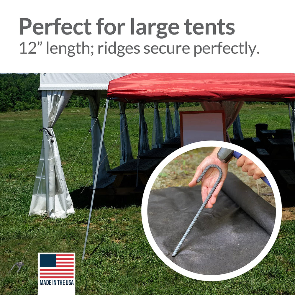 Pinnacle Mercantile stakes driven into tarp corners securing cover from wind