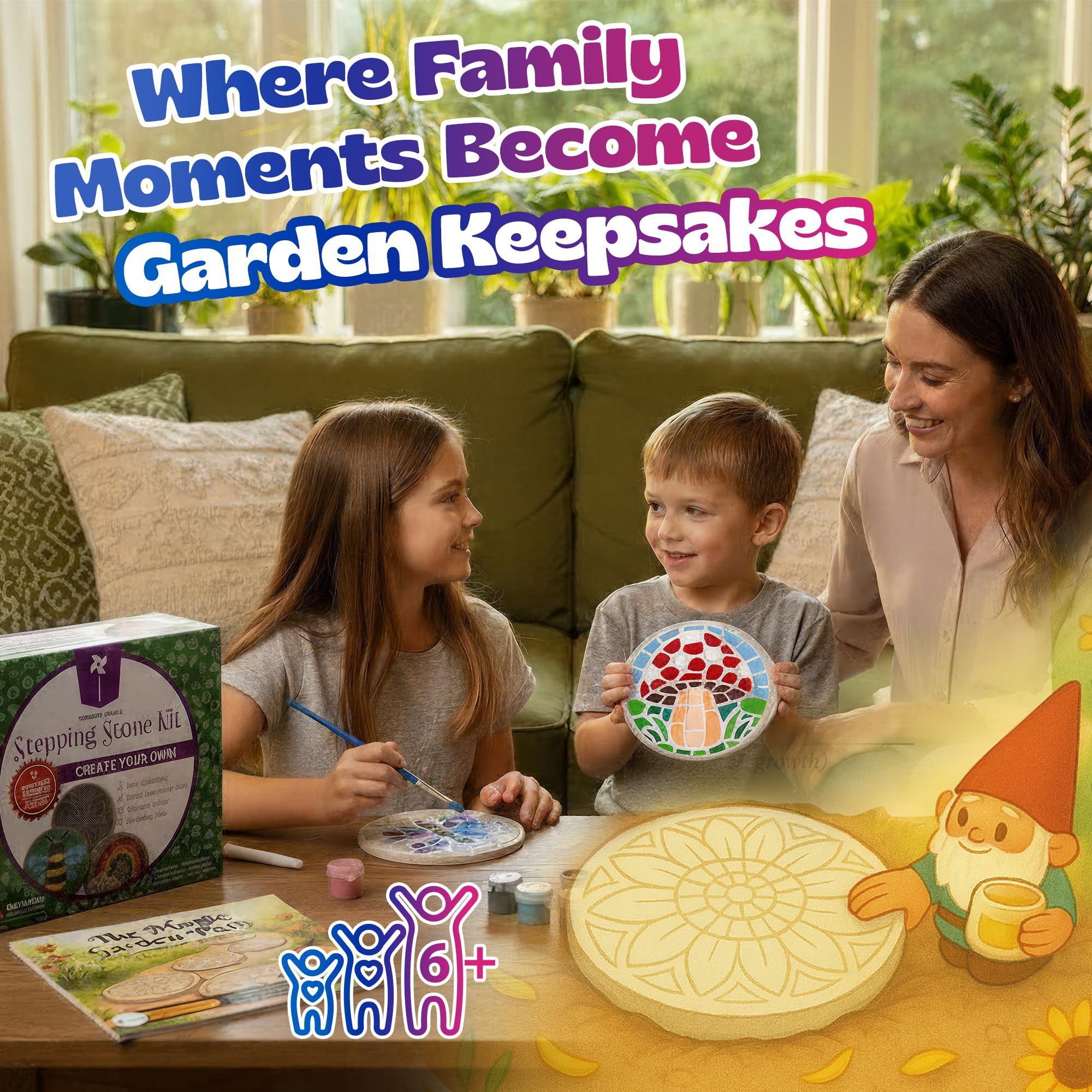 Pinwheel Crafts five mosaic stepping stones arranged to display each fun design