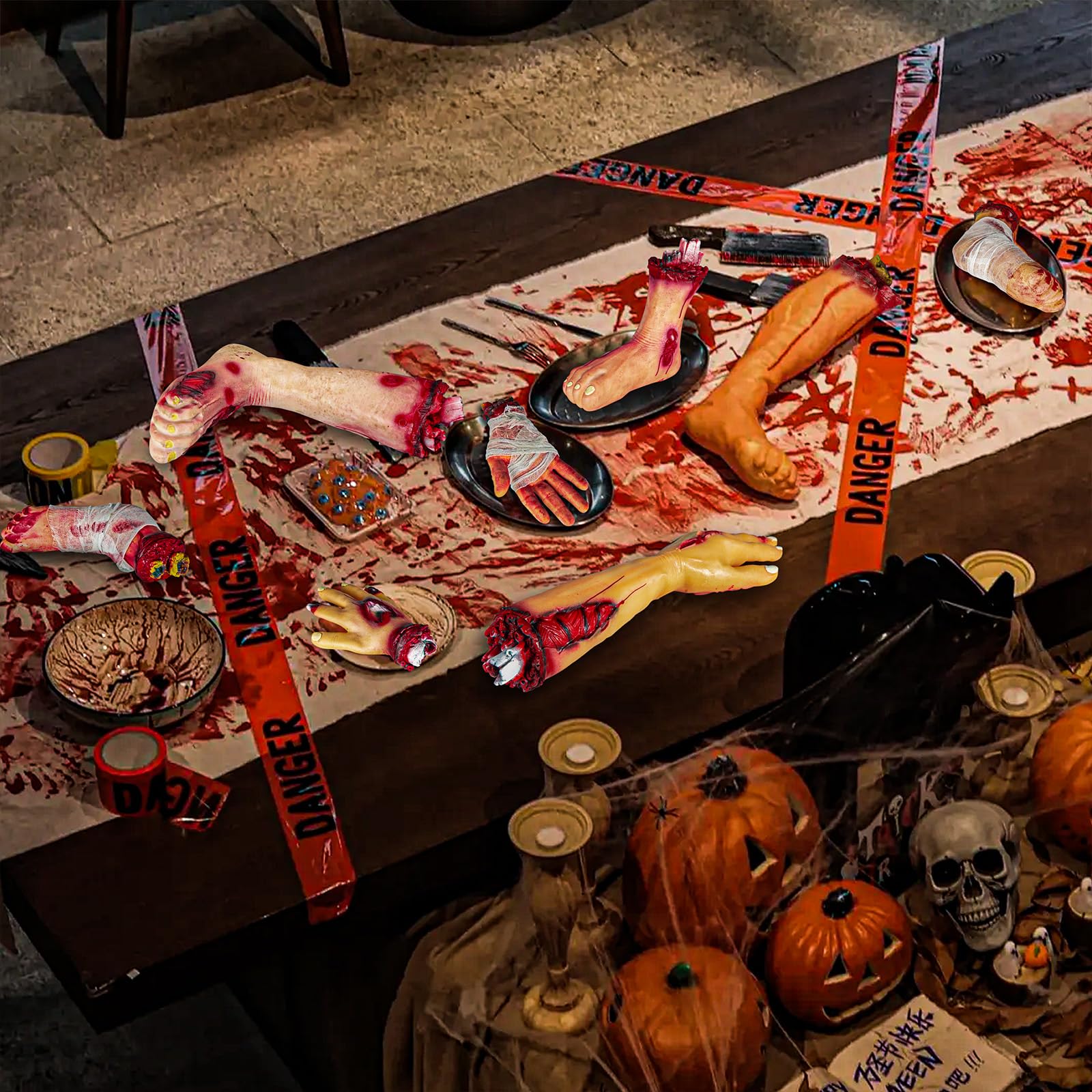 Pipilily broken leg on porch creating lifelike outdoor haunted display